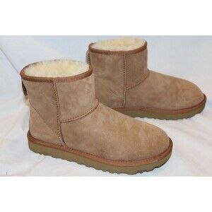 UGG WOMEN'S MINI SUEDE SHEARLING LINED BOOTS CHESTNUT NIB SZ 7
